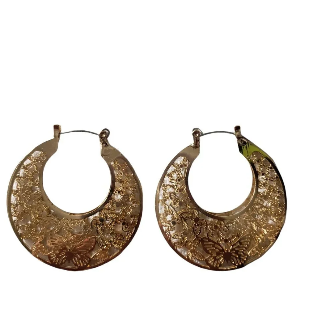 Womens Gold Butterfly Cast Hinge Circle Big Hoop Earrings Party Casual Jewelry